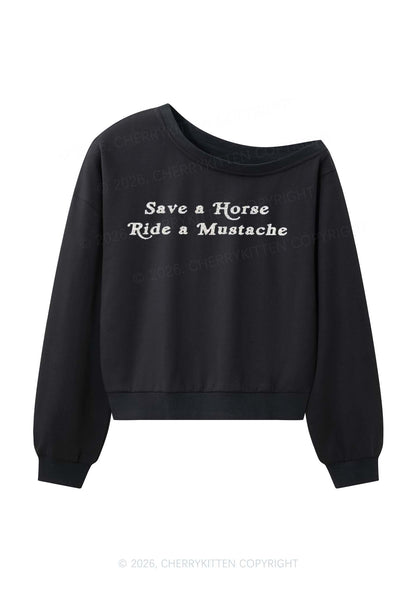 Glitter Ride A Mustache Y2K Off Shoulder Sweatshirts Cherrykitten