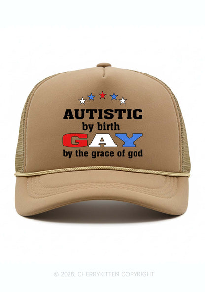 Autistic By Birth Gay Pride Y2K Trucker Hat Cherrykitten