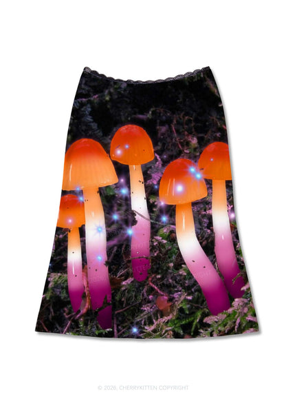 Lesbian Glowing Mushroom Pride Y2K Print Midi Skirt Cherrykitten