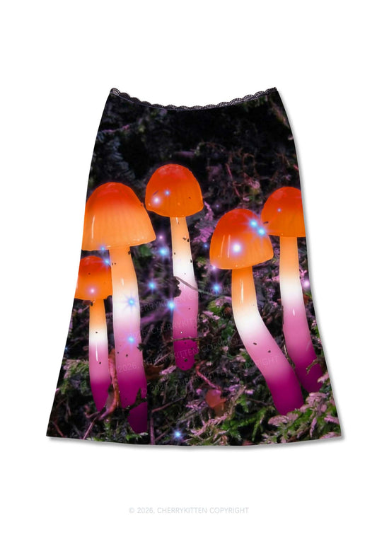 Lesbian Glowing Mushroom Pride Y2K Print Midi Skirt Cherrykitten