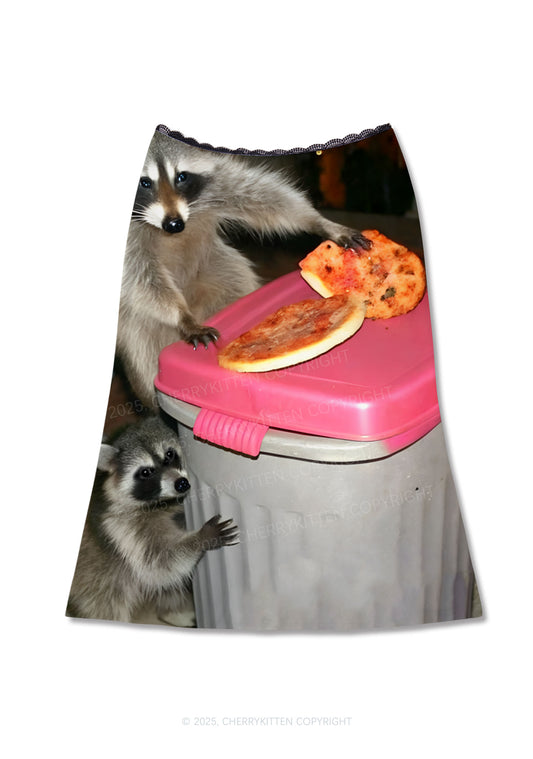 Raccoons Pizza Party Y2K Print Midi Skirt Cherrykitten