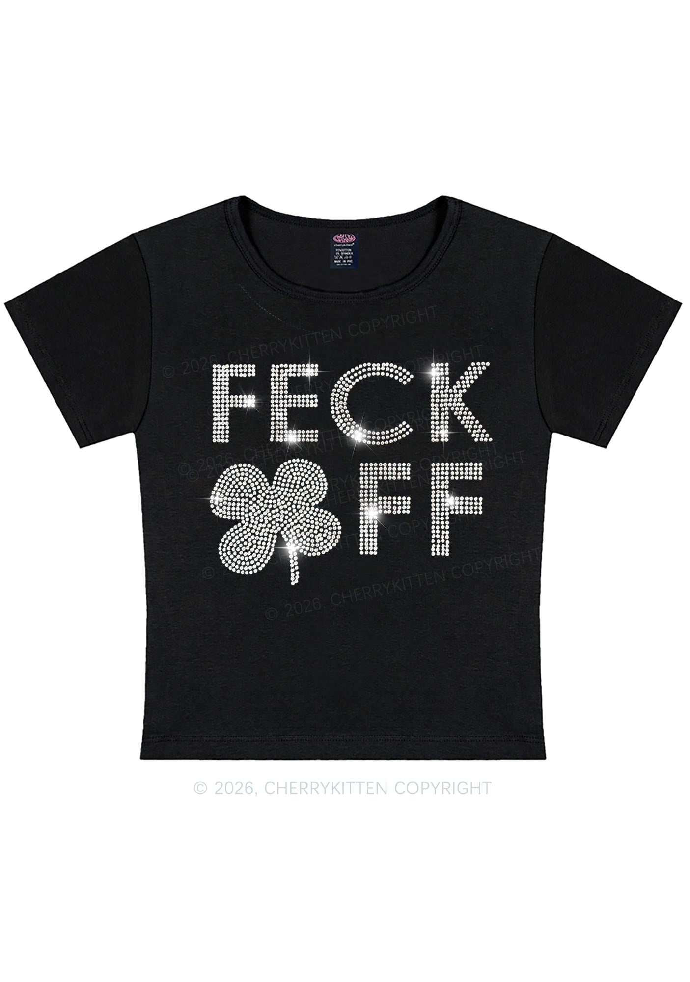 Rhinestone Feck Off St Patricks Y2K Baby Tee Cherrykitten