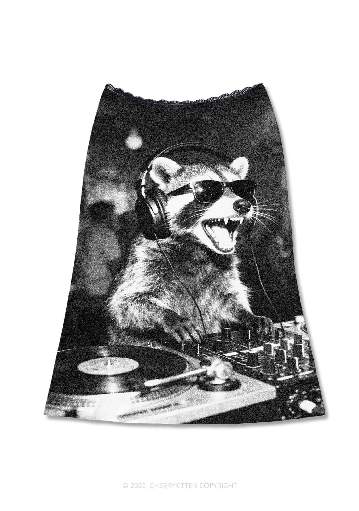 DJ Raccoon Turntable Y2K Print Midi Skirt Cherrykitten