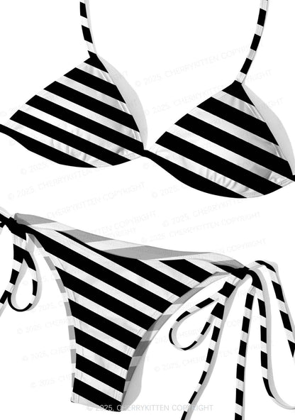 Black And White Stripes Y2K Print Bikini Set Cherrykitten