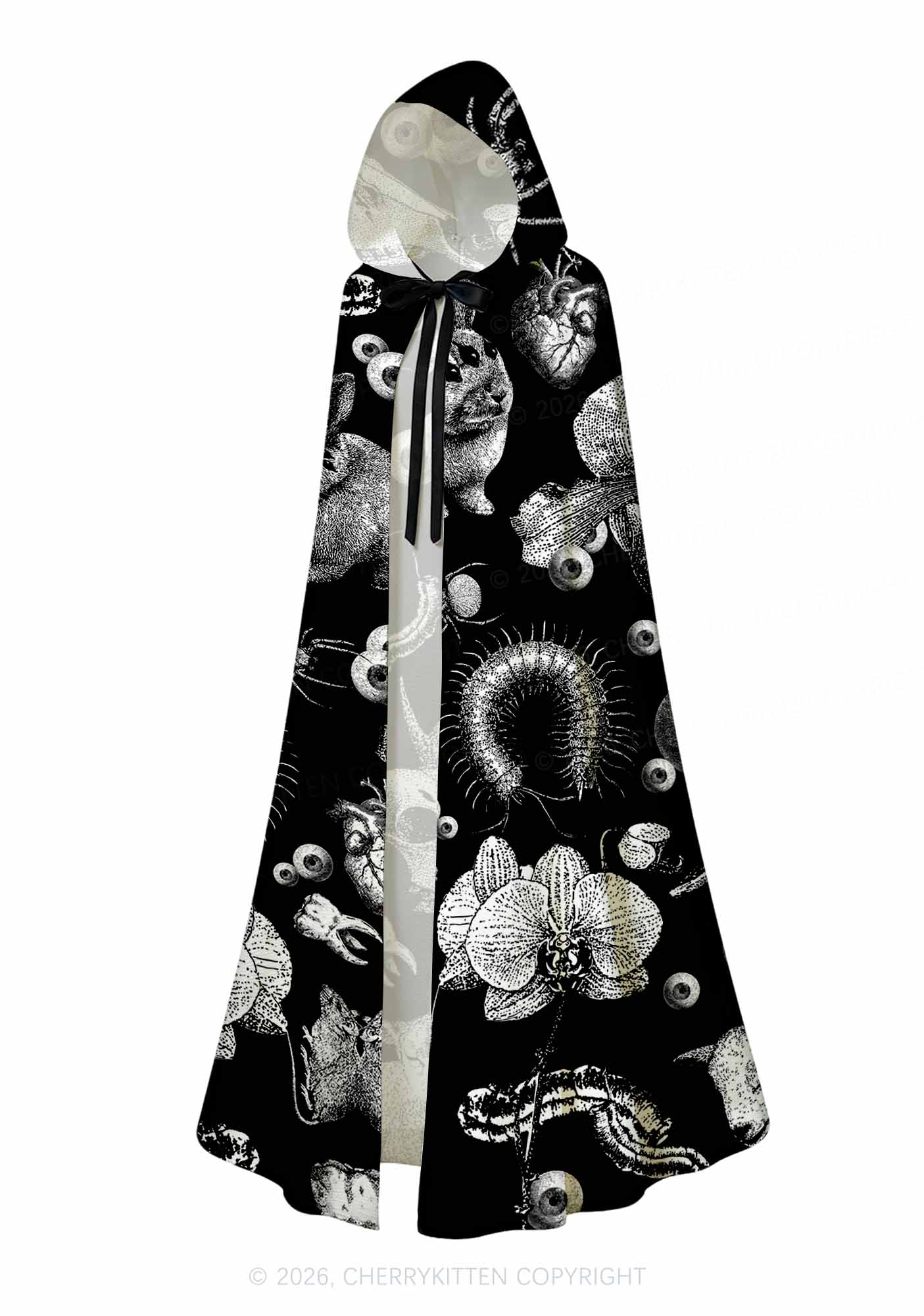 Halloween Dark Sheep Bone Y2K Print Hooded Cloak Cherrykitten