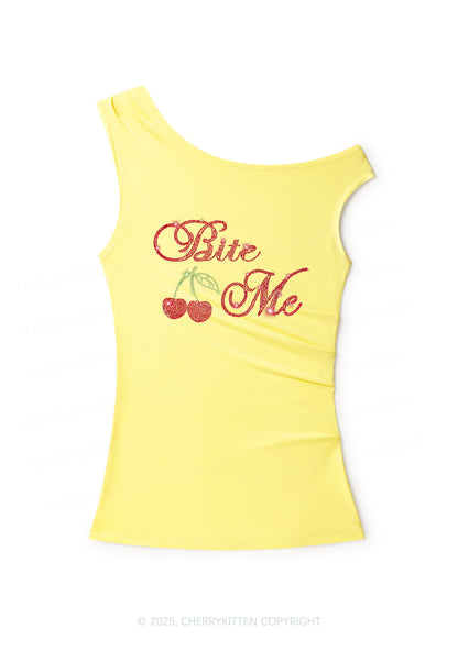 Rhinestone Red Cherry Bite Me Y2K Off Shoulder Tank Top Cherrykitten