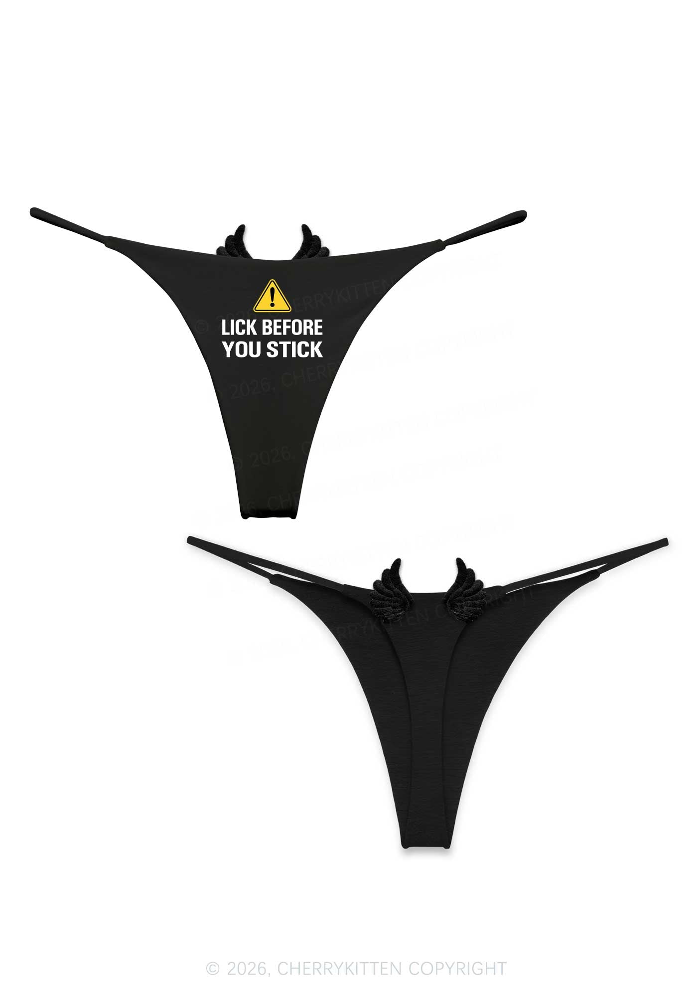 Lick Before You Stick Y2K Bikini String Thong With Black Wings Cherrykitten