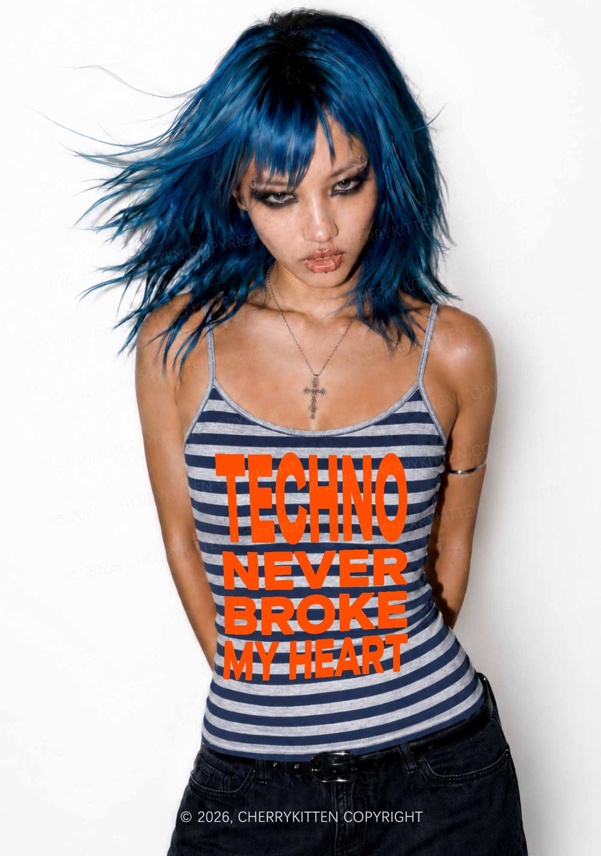 Techno Broke My Heart Y2K Navy Grey Striped Spaghetti Strap Cami Cherrykitten