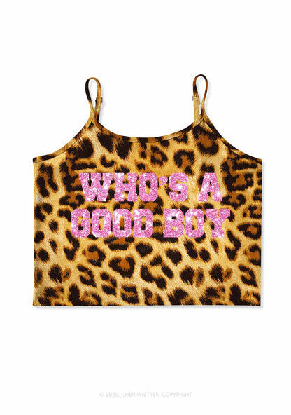 Glitter Whos A Good Boy Y2K Brown Leopard Print Cami Crop Top Cherrykitten