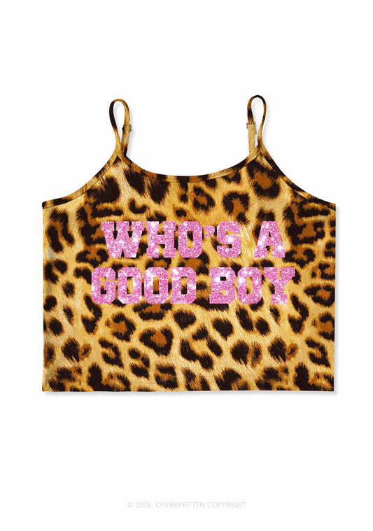 Glitter Whos A Good Boy Y2K Brown Leopard Print Cami Crop Top Cherrykitten