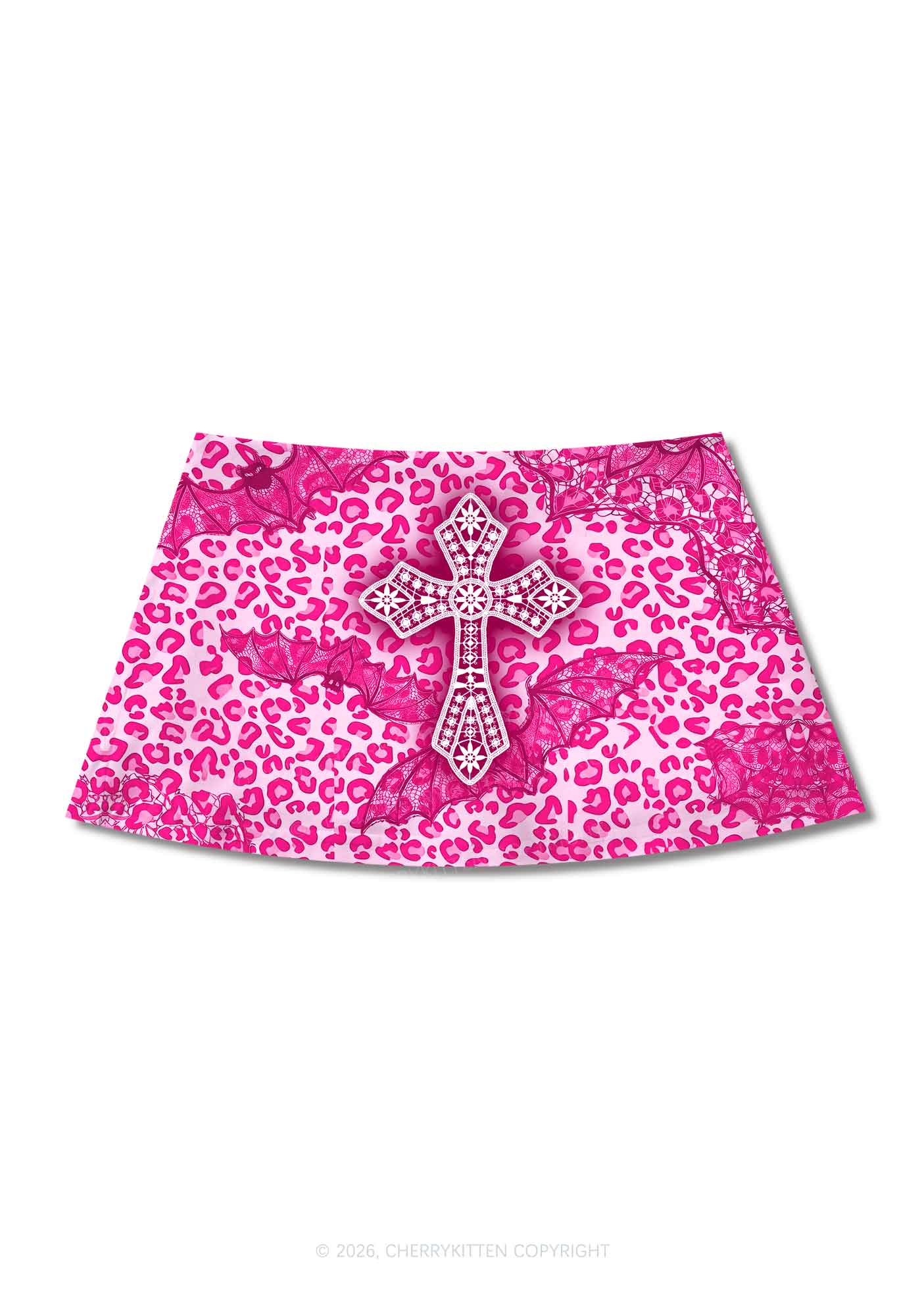 Halloween Pink Leopard Bat Cross Y2K Print Mini Skirt Cherrykitten