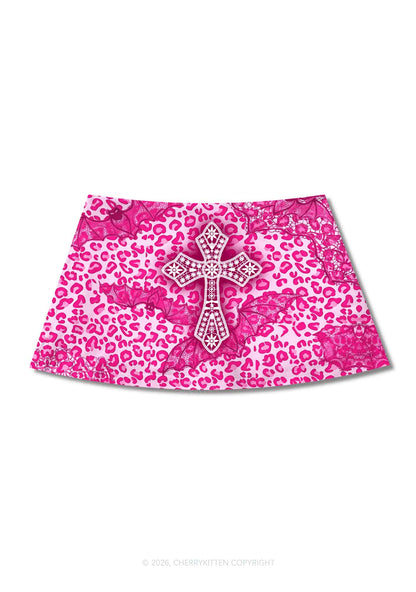 Halloween Pink Leopard Bat Cross Y2K Print Mini Skirt Cherrykitten