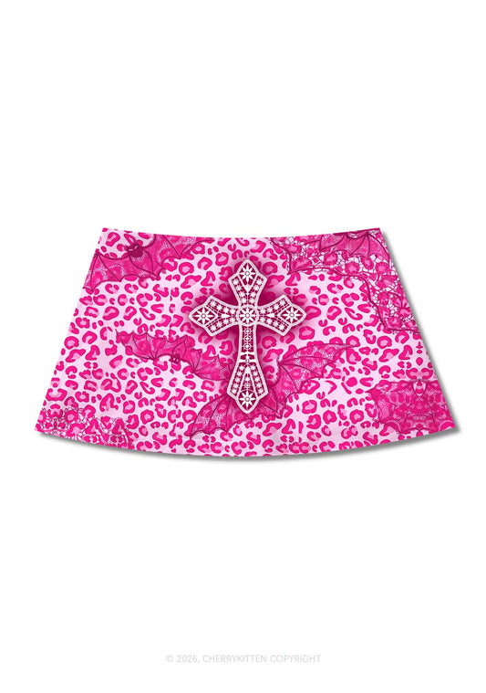 Halloween Pink Leopard Bat Cross Y2K Print Mini Skirt Cherrykitten