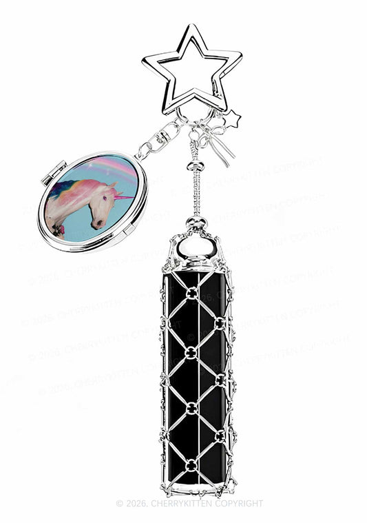 Colorful Unicorn 1pc Y2K Metal Mesh Lipstick Holder Keychain With Mirror Cherrykitten