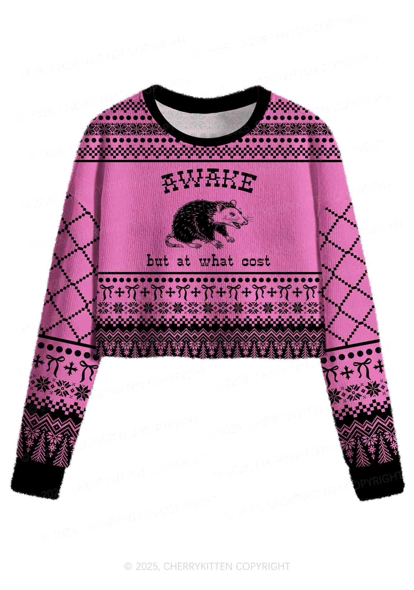 Awake But At What Cost Y2K Christmas Crop Knit Sweatshirt Cherrykitten