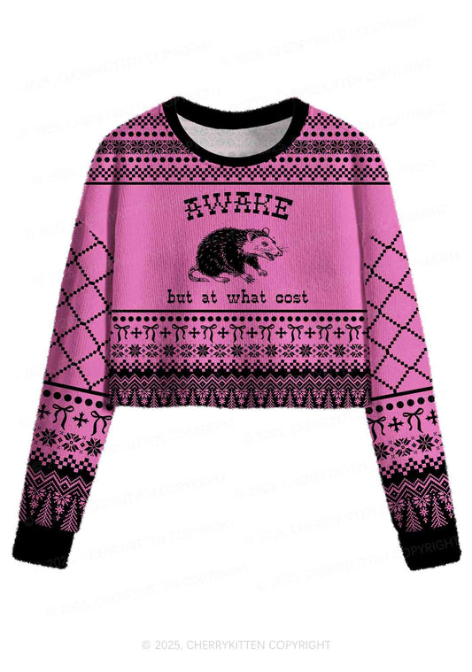 Awake But At What Cost Y2K Christmas Crop Knit Sweatshirt Cherrykitten