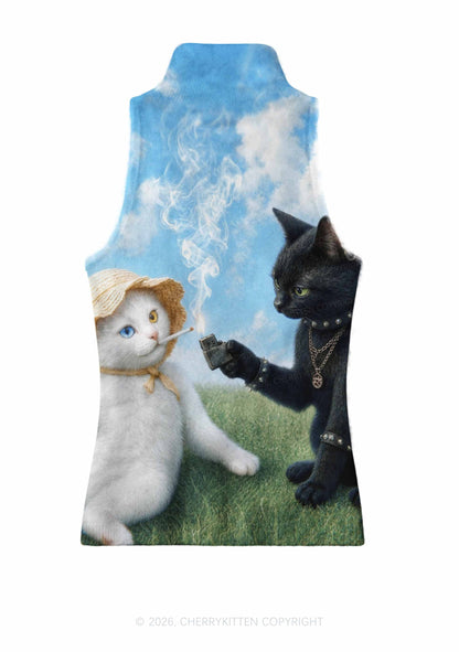 White Cat Smoking Y2K Knit Turtleneck Tank Top Cherrykitten