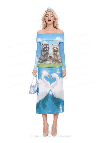 Two Punk Raccoons Smoking Y2K Off Shoulder Fold Over Knit Top Cherrykitten