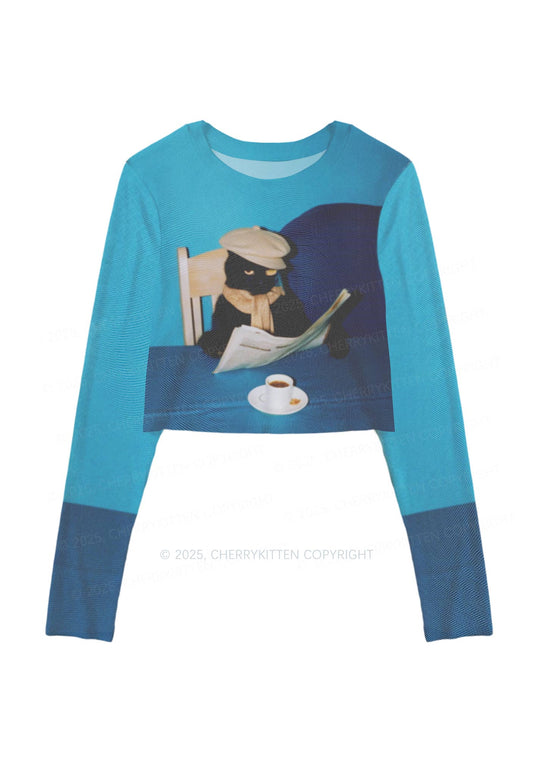 Cats Coffee Break Y2K Mesh Long Sleeve Crop Top Cherrykitten