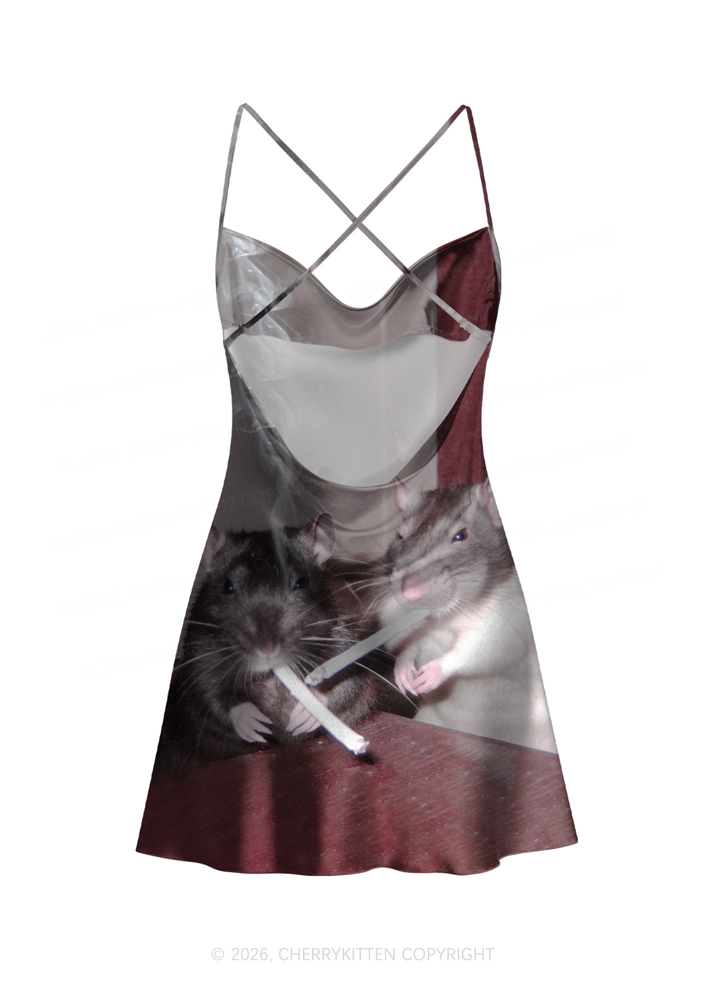 Smoking Rats Y2K Print Satin Cowl Neck Slip Dress Cherrykitten