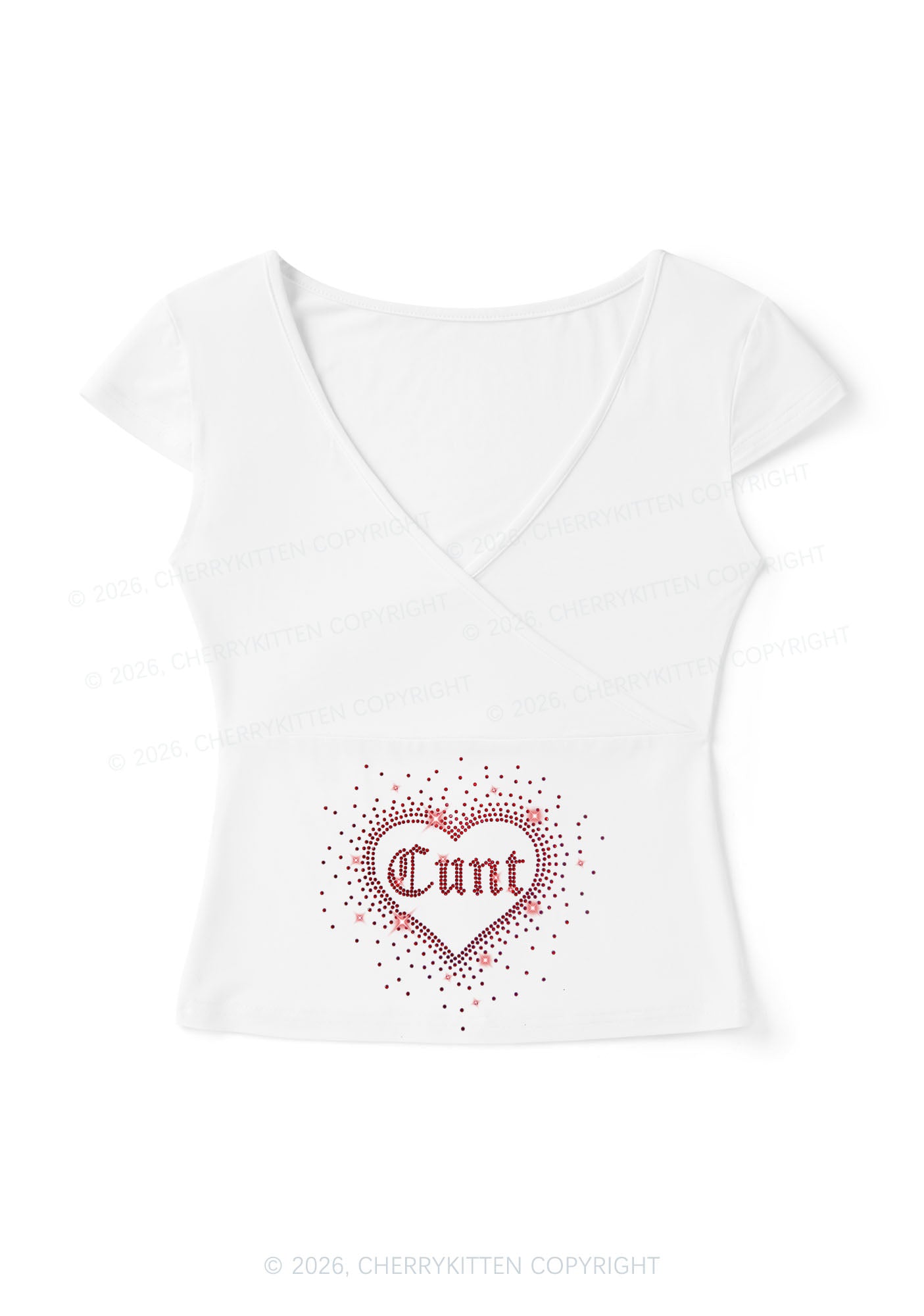 Rhinestone Love Cxxt Y2K Wrap V Neck T Shirts Cherrykitten