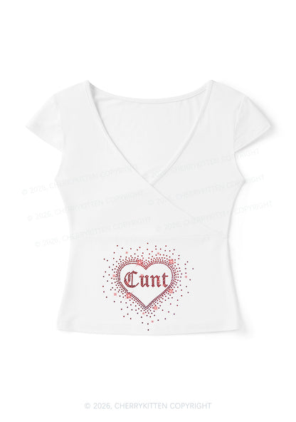 Rhinestone Love Cxxt Y2K Wrap V Neck T Shirts Cherrykitten