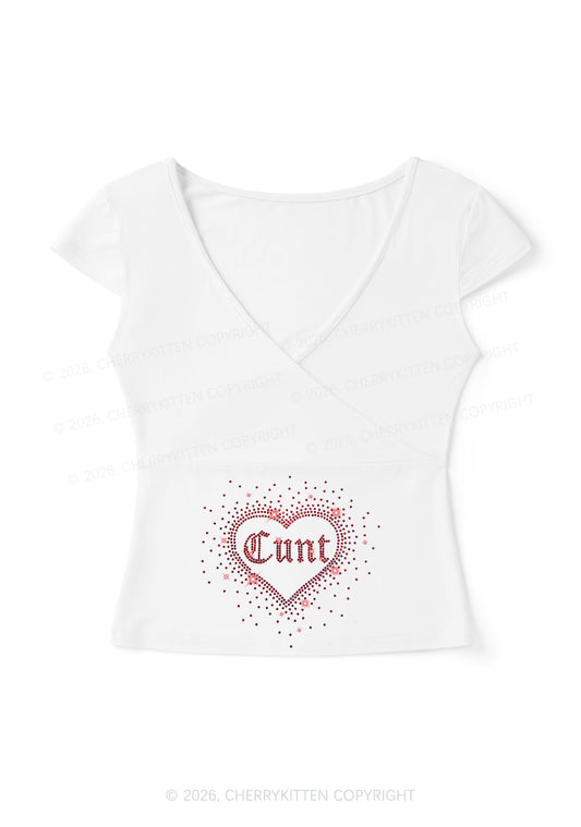 Rhinestone Love Cxxt Y2K Wrap V Neck T Shirts Cherrykitten