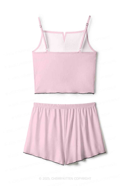 Plain Light Pink Y2K Print Cami Shorts Pajama Set Cherrykitten