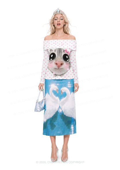 Pink Dots Bow Cat Y2K Off Shoulder Fold Over Knit Top Cherrykitten
