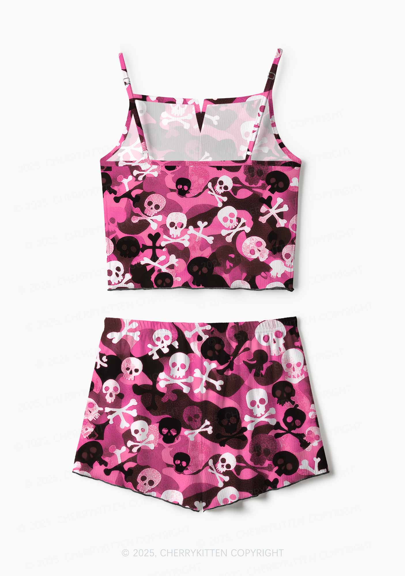Halloween Pink Camouflage Skull Y2K Print Cami Shorts Pajama Set Cherrykitten