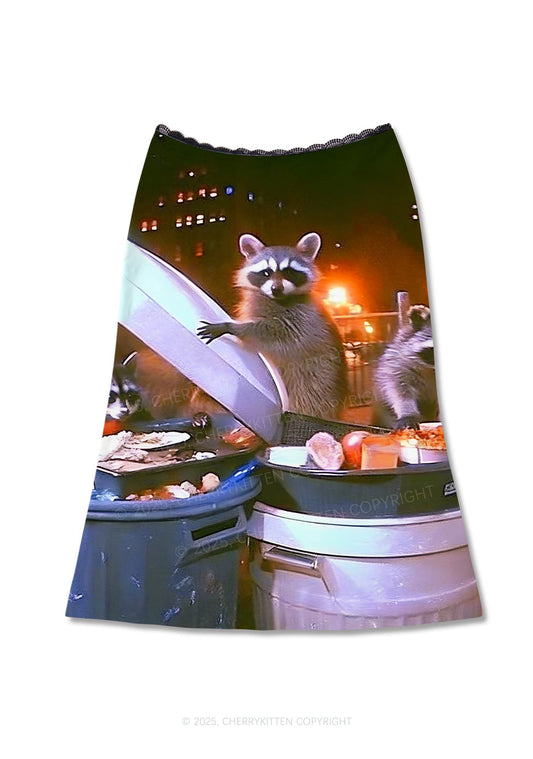 Raccoon Trash Party Y2K Print Midi Skirt Cherrykitten
