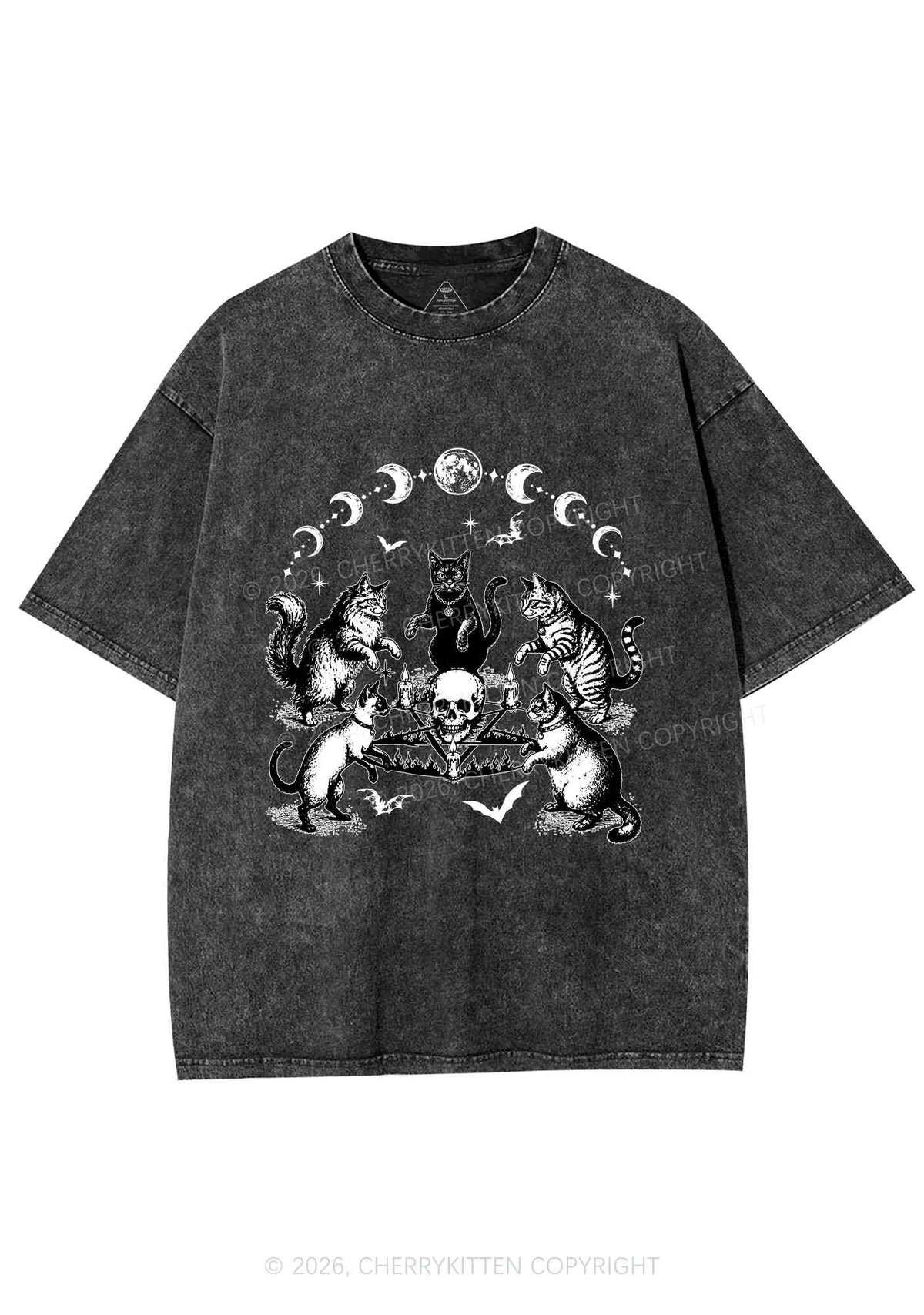 Halloween Cats Moon Phase Skull Y2K Shirts Washed Tee Cherrykitten