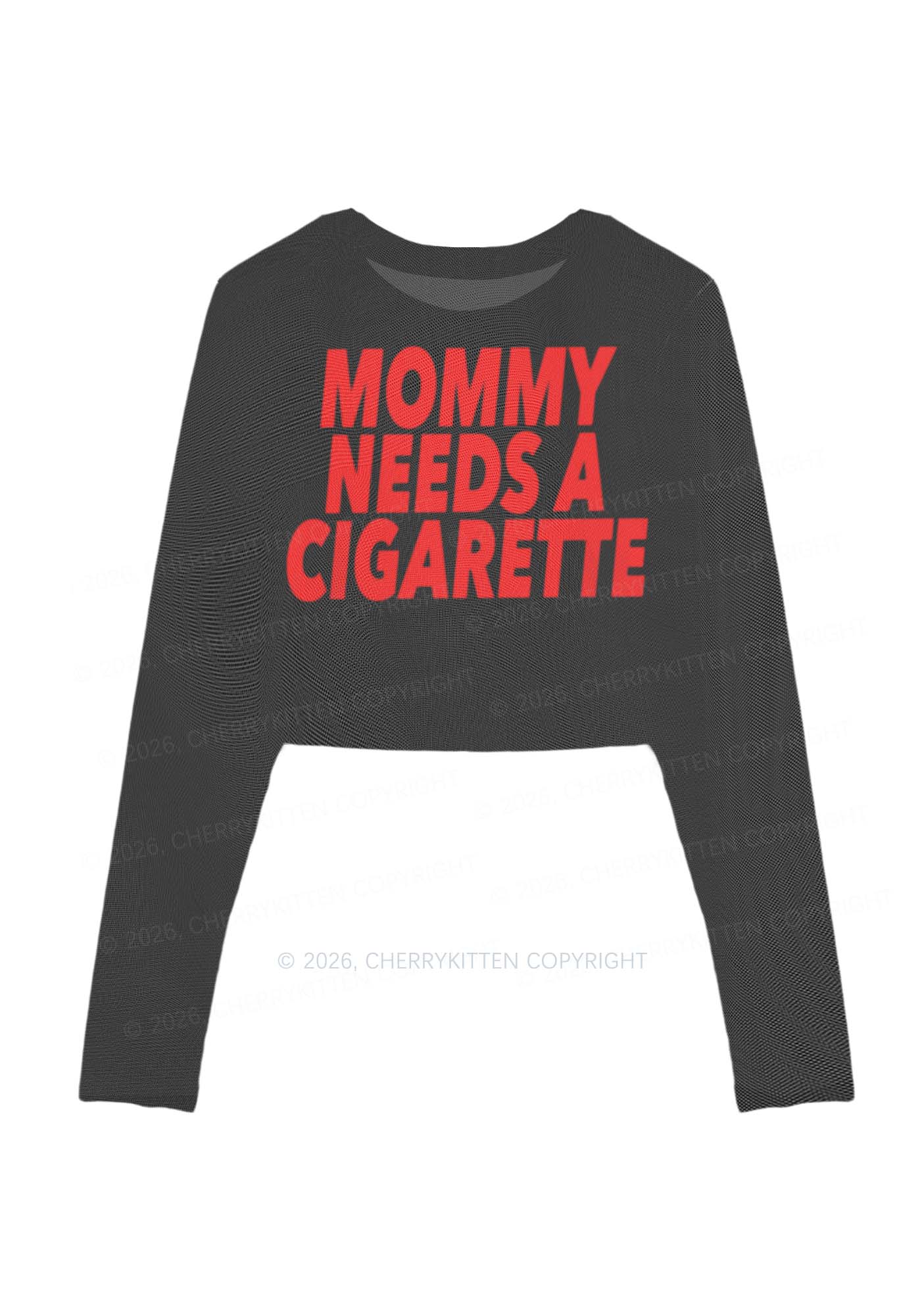Mommy Needs A Cigarette Y2K Mesh Long Sleeve Crop Top Cherrykitten
