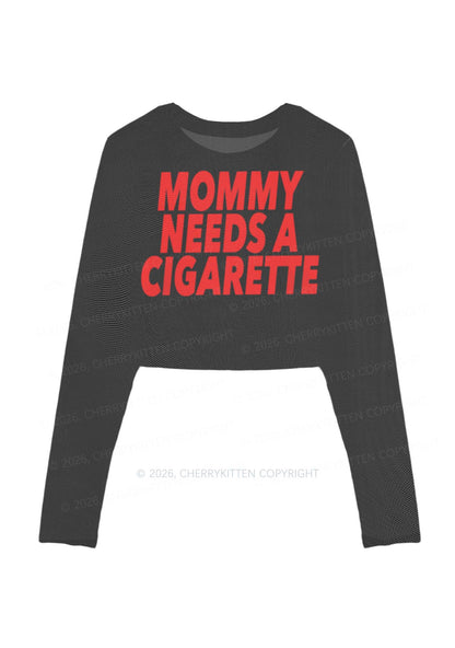 Mommy Needs A Cigarette Y2K Mesh Long Sleeve Crop Top Cherrykitten