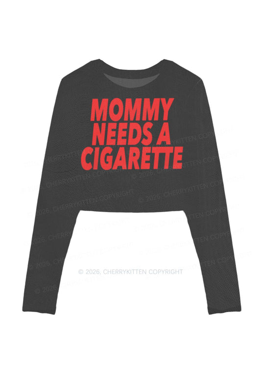 Mommy Needs A Cigarette Y2K Mesh Long Sleeve Crop Top Cherrykitten