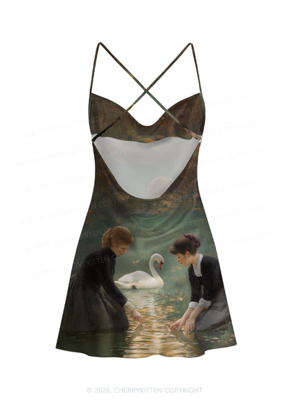 Swan Lake Girls Pride Y2K Print Satin Cowl Neck Slip Dress Cherrykitten
