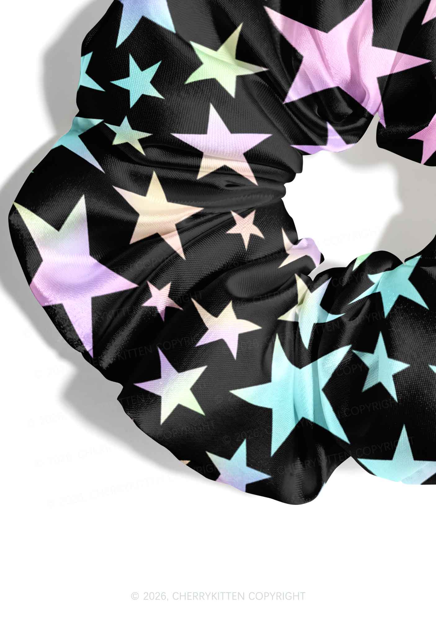 Pastel Star On Black Y2K Hair Scrunchie Cherrykitten