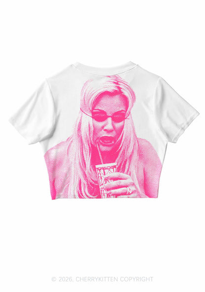Pink Pixel JC On White Y2K Mesh Crop Top Cherrykitten
