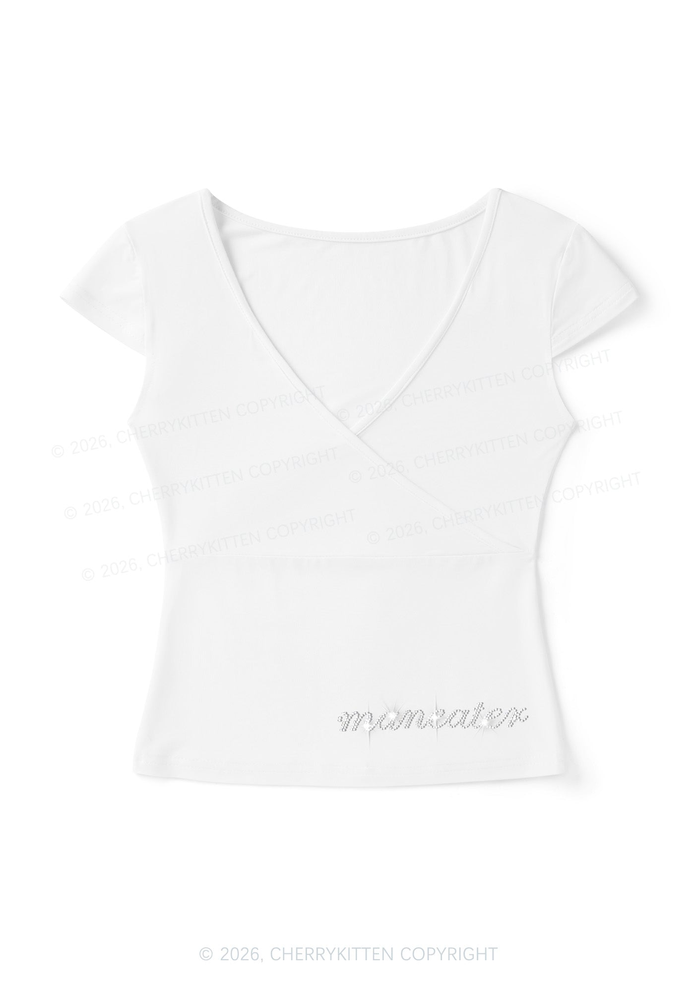 Rhinestone Maneater Y2K Wrap V Neck T Shirts Cherrykitten