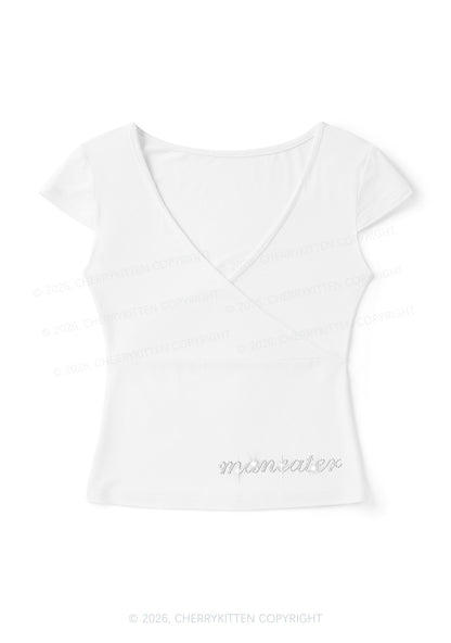 Rhinestone Maneater Y2K Wrap V Neck T Shirts Cherrykitten