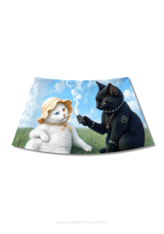 White Cat Smoking Y2K Print Mini Skirt Cherrykitten
