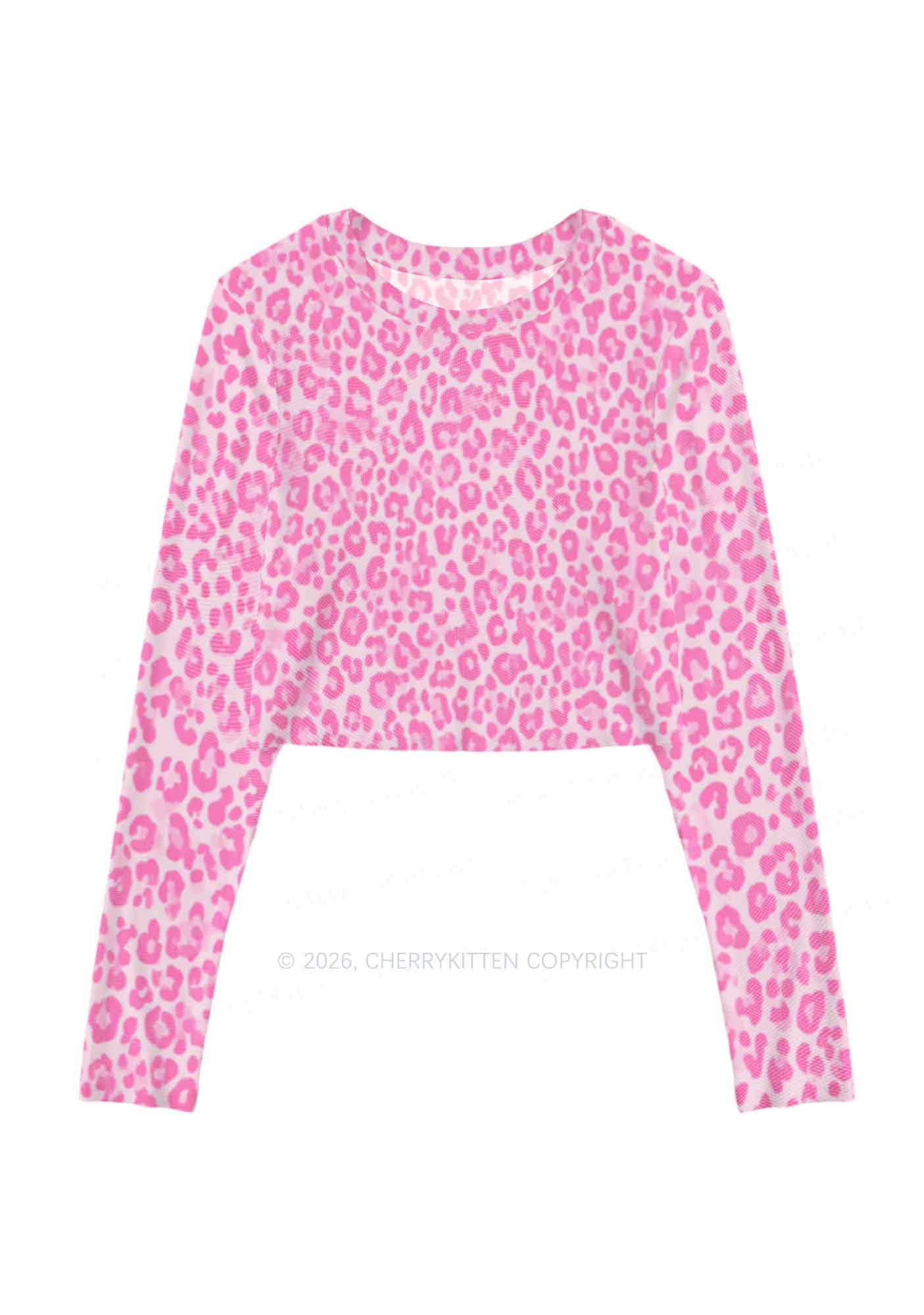 Pink Leopard Y2K Mesh Long Sleeve Crop Top Cherrykitten