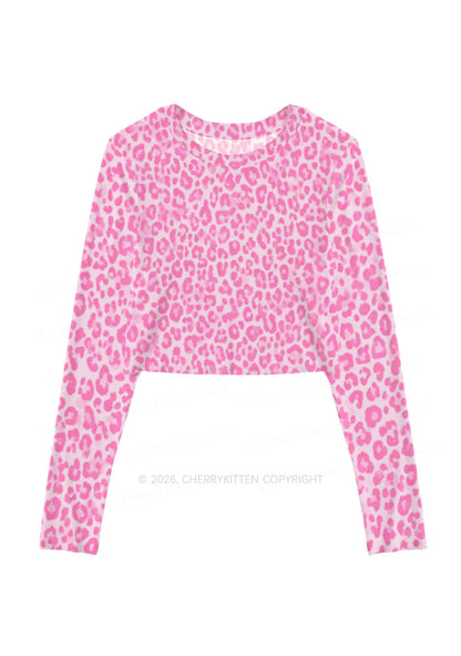 Pink Leopard Y2K Mesh Long Sleeve Crop Top Cherrykitten