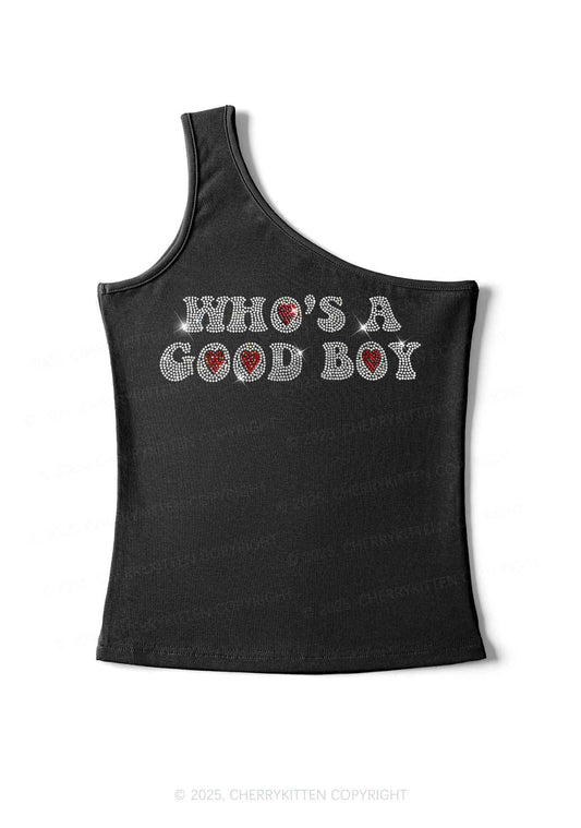 Rhinestone Whos A Good Boy Y2K One Shoulder Tank Top Cherrykitten