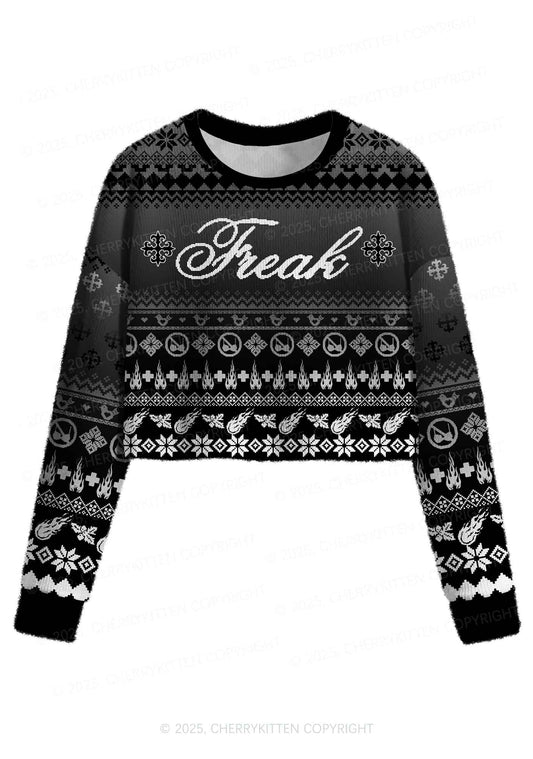 Black Freak Y2K Christmas Crop Knit Sweatshirt Cherrykitten