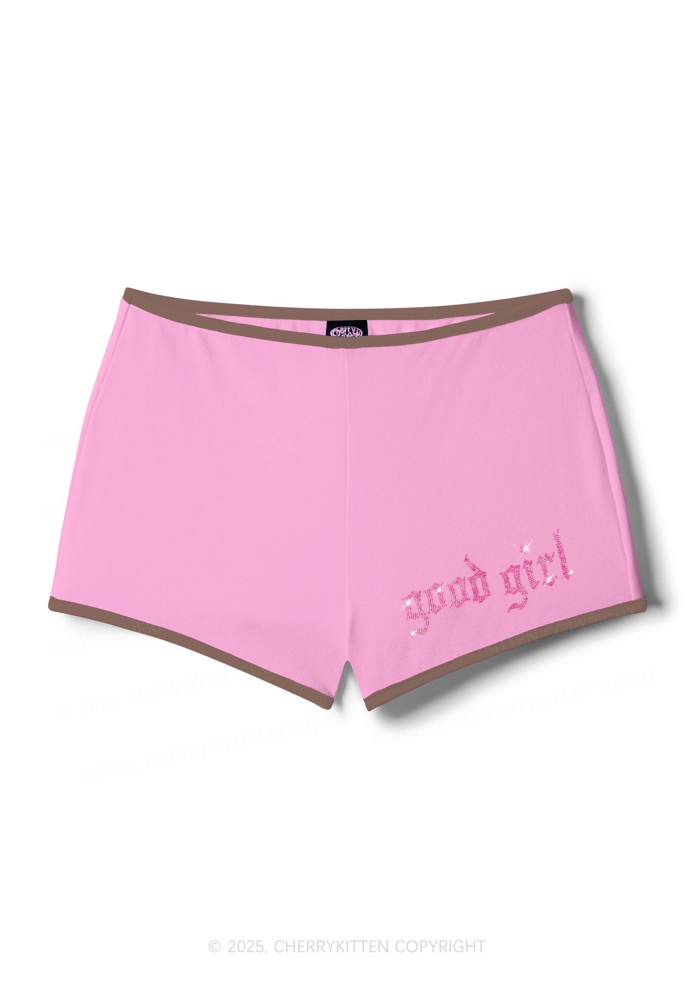 Rhinestone Pink Good Girl Y2K Booty Shorts Cherrykitten