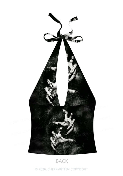 Halloween Black Demon Claws Y2K Print Halter Deep V Neck Cami Cherrykitten