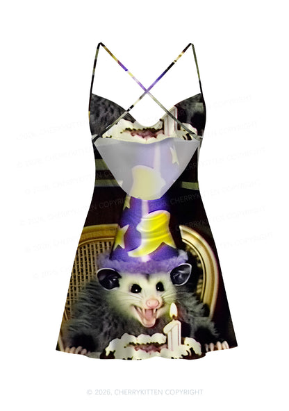 Birthday Opossum Y2K Print Satin Cowl Neck Slip Dress Cherrykitten