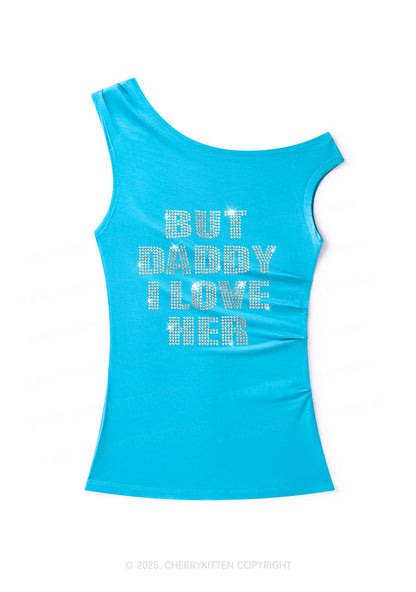 Rhinestone But Daddy I Love Her Pride Y2K Off Shoulder Tank Top Cherrykitten