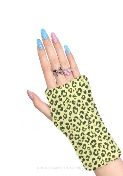 Light Yellow Leopard Y2K Print Fuzzy Arm Warmers Cherrykitten